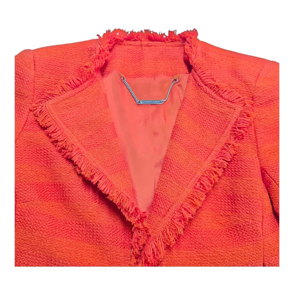 Modern Bohemia Trina Turk Tweed Blazer Women 0 Orange Fringe Trim Cropped Jacket - Picture 5 of 12